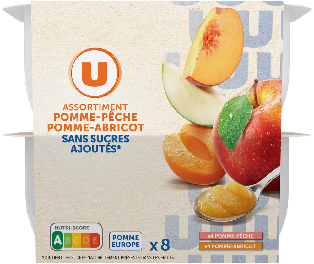 Dessert fruitier Purée de pommes et pêches et de pommes et abricots sans sucres ajoutés8 pots de 100g