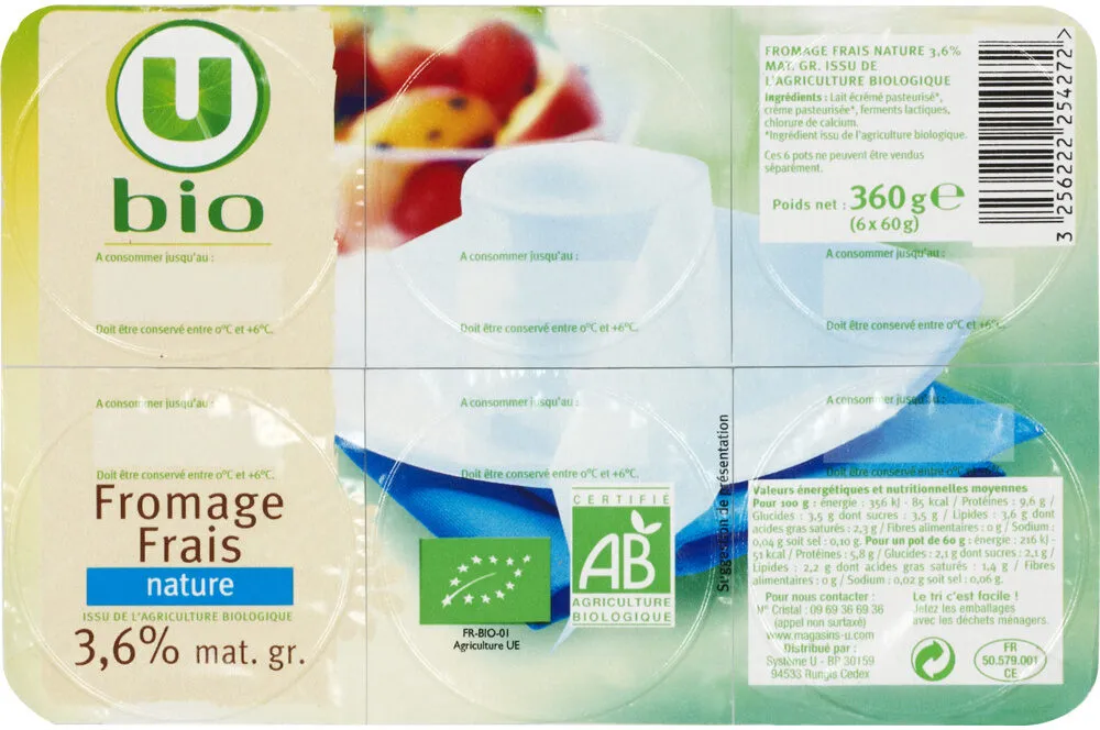 Fromage blanc frais nature au lait pasteurisé 3,6% MG, 6x60g