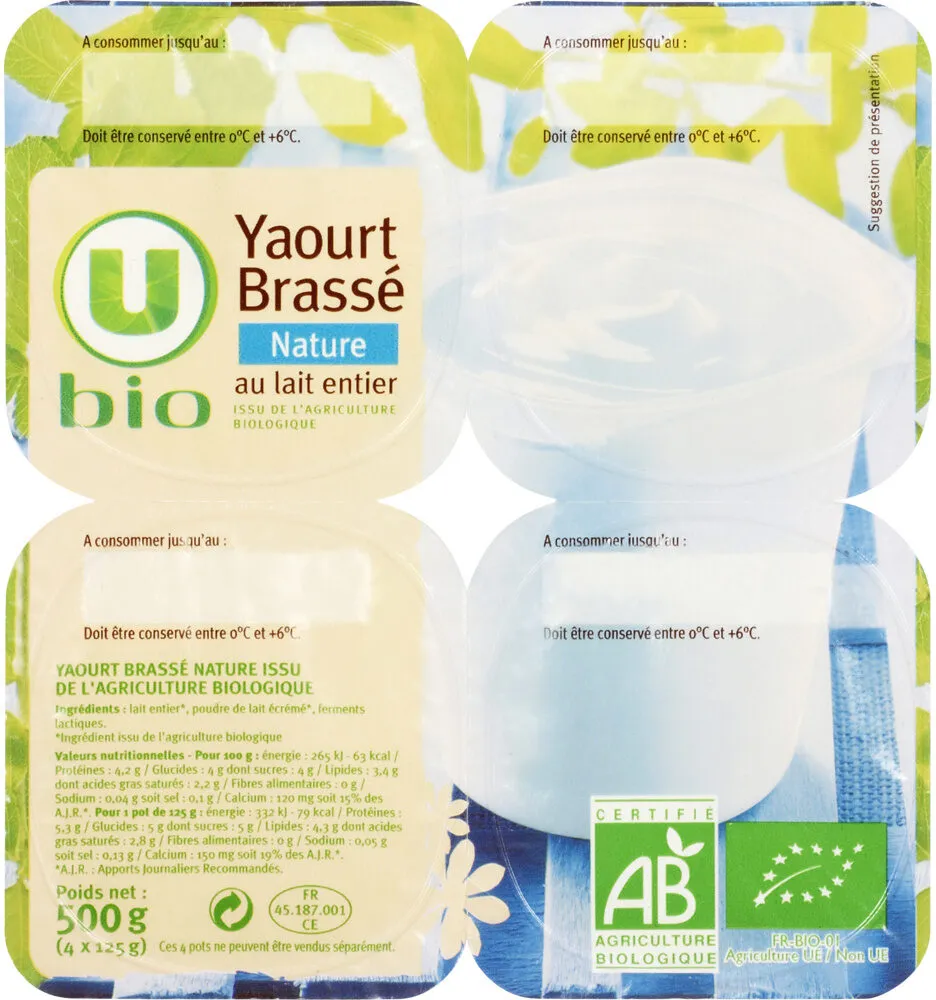 Yaourt brassé nature au lait entier nature 4x125g