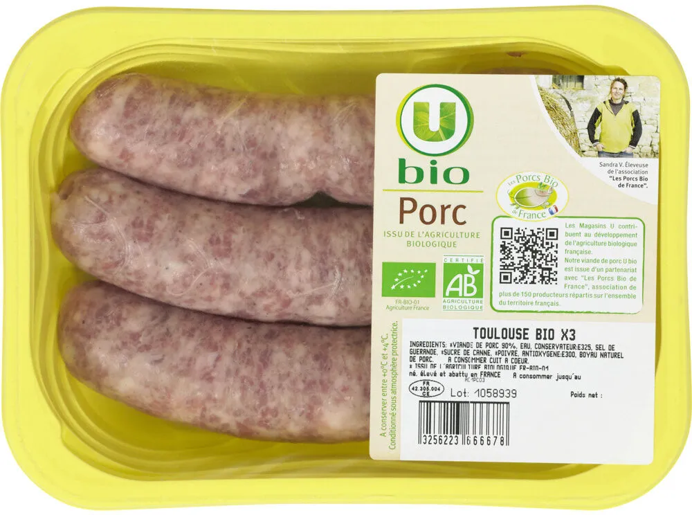 Saucisse de Toulouse bio, France, 3 pièces, barquette, 300g