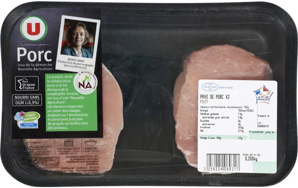Pavé de porc, France, 2 pièces, barquette, 200g