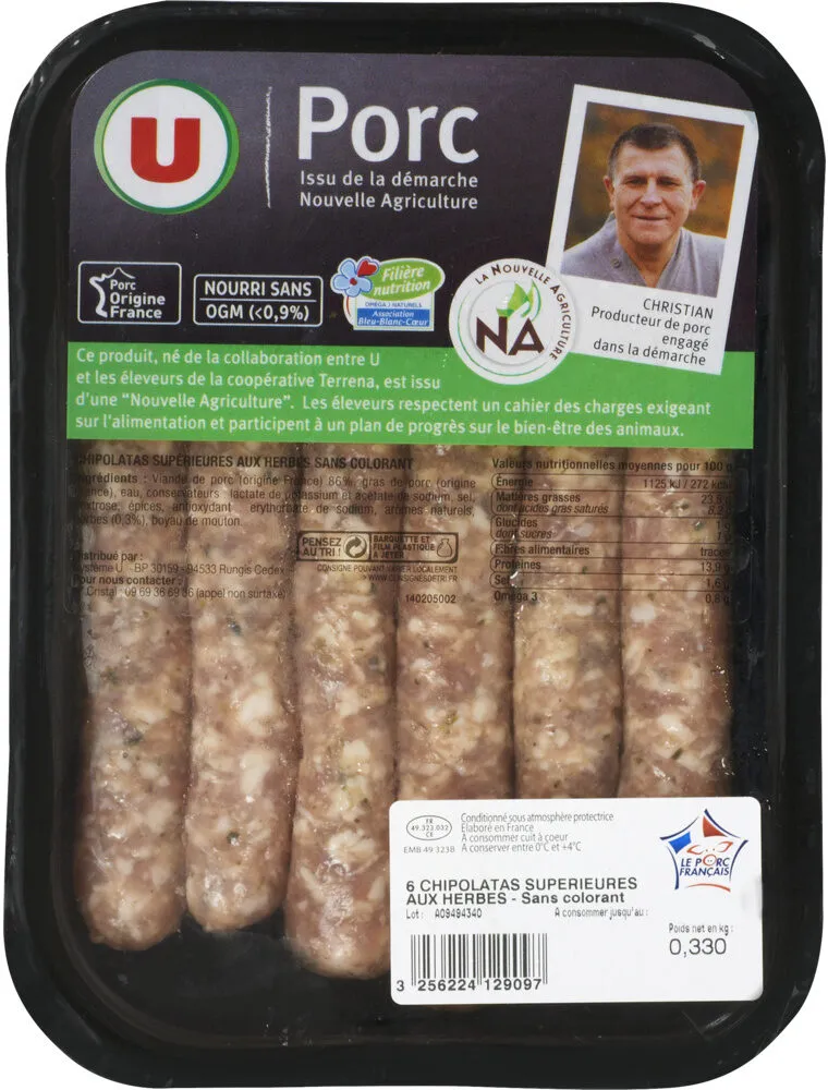 Chipolata sans colorant aux herbes, France, 6 pièces, barquette, 330g