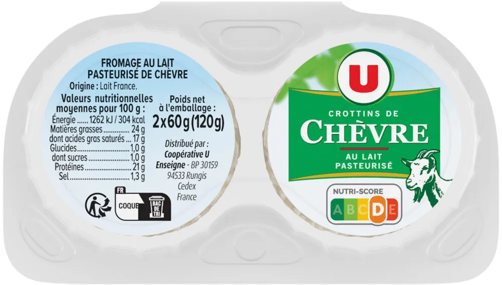 Crottin de chèvre lait pasteurisé 24%MG, 2X60g
