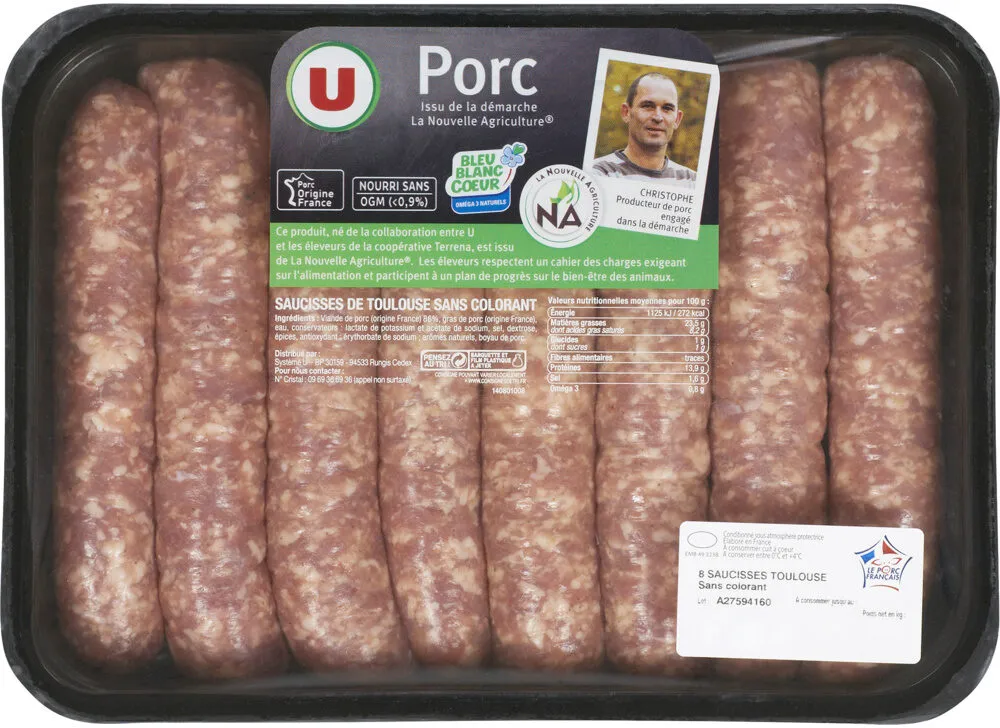 Saucisse de Toulouse sans colorant, France, 8 pièces, barquette, 1kg