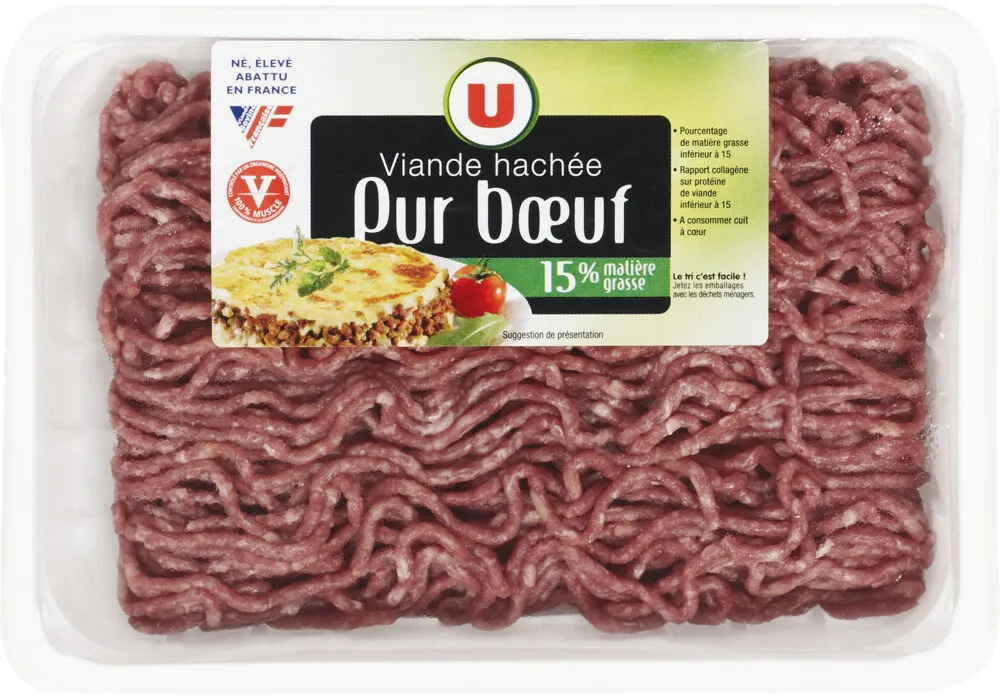 Viande hachée pur boeuf, 15% Matière Grasse, VBF, barquette de 350g