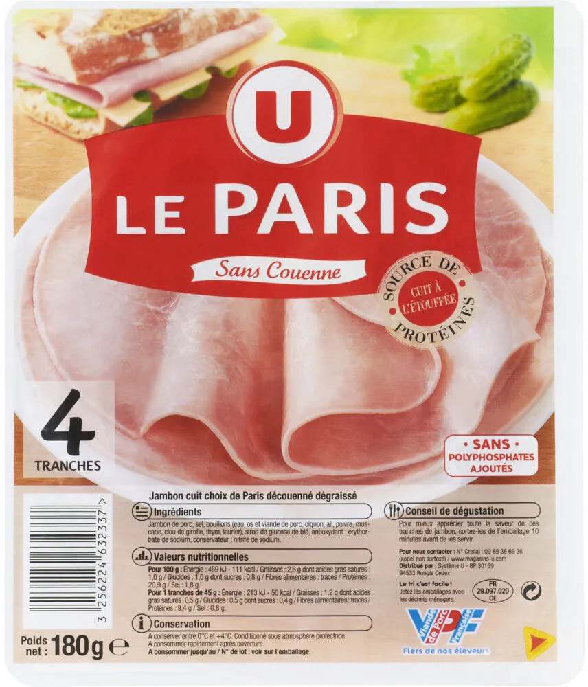 Jambon de Paris découenné et dégraissé Viande de porc Française