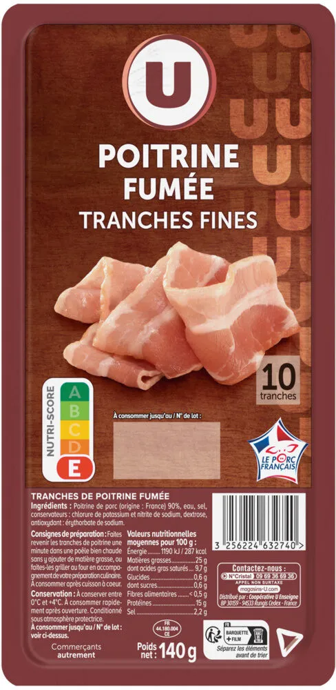 Poitrine de porc fumée - 10 tranches fines - 140g