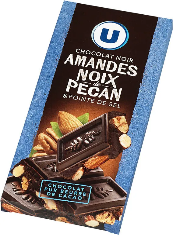 Tablette de chocolat noir amandes entières et noix de pécan caramélisées