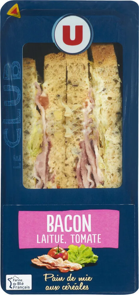 Sandwich au pain de mie aux céréales garni de bacon cuit fumé, de tomates et de salade