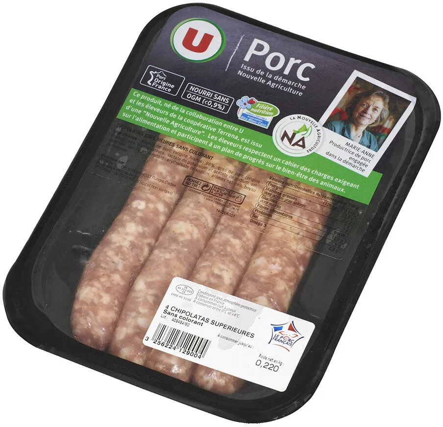 Chipolata supérieure gros grain France, 4 pièces, barquette de 220g