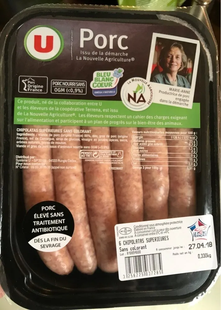 Chipolata supérieure gros grain France, 6 pièces, barquette de 330g