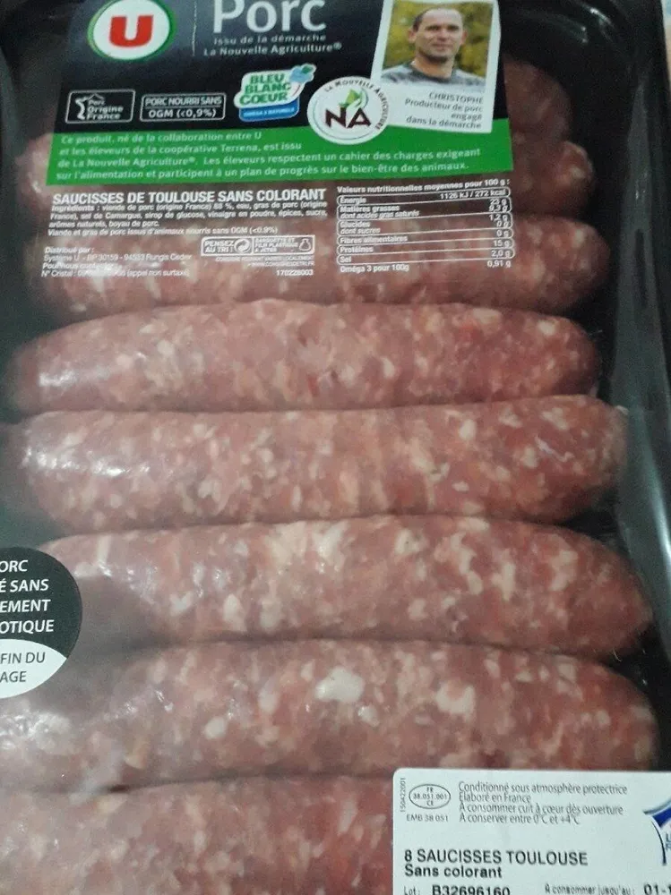 Saucisse toulouse gros grain France, 8 pièces, barquette, 1kg