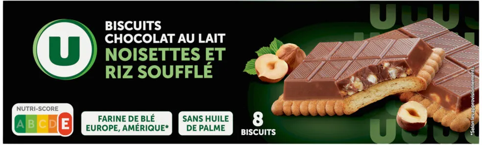 Biscuits tablette au chocolat au lait noisettes et riz soufflé paquetde 145g