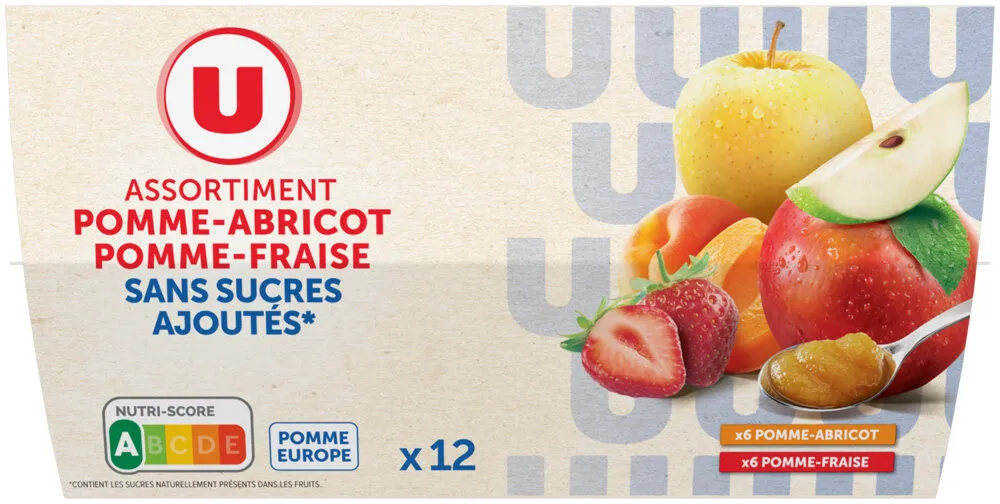 Dessert fruitier coupelle 6 pommes-abricots, 6 pommes-fraises sans sucre ajouté 12x100g