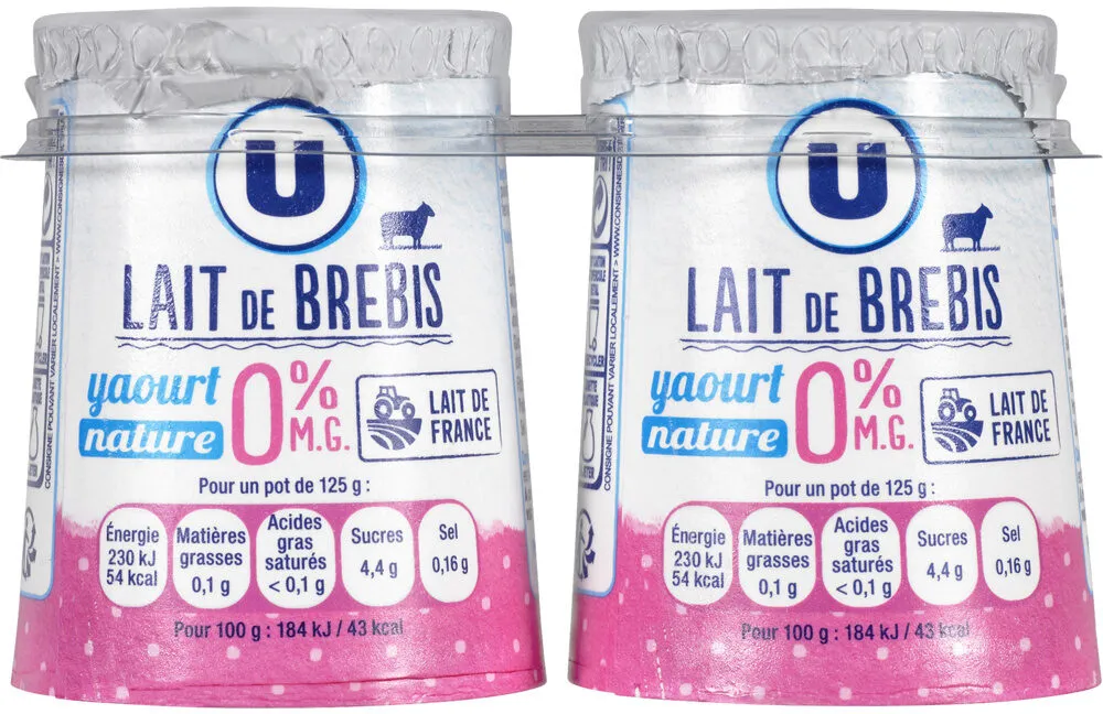 Yaourt maigre au lait de brebis nature 0% matière grasse, 2x125g
