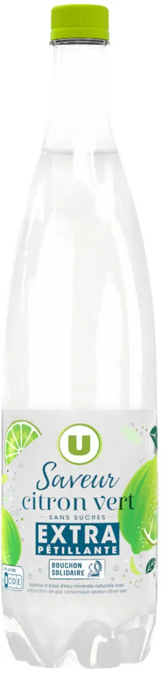 Boisson à base d'eau gazeuse extra pétillant saveur citron vert zéro sucre , bouteille de 1l