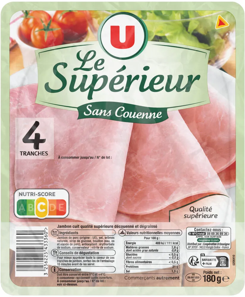 Jambon cuit supérieur sans couenne x4, 180g
