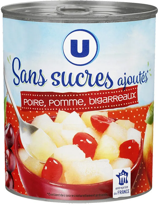 Mélange de fruits sans sucres ajoutés de poires, pommes, bigarreaux aujus de raisin à base de concentré