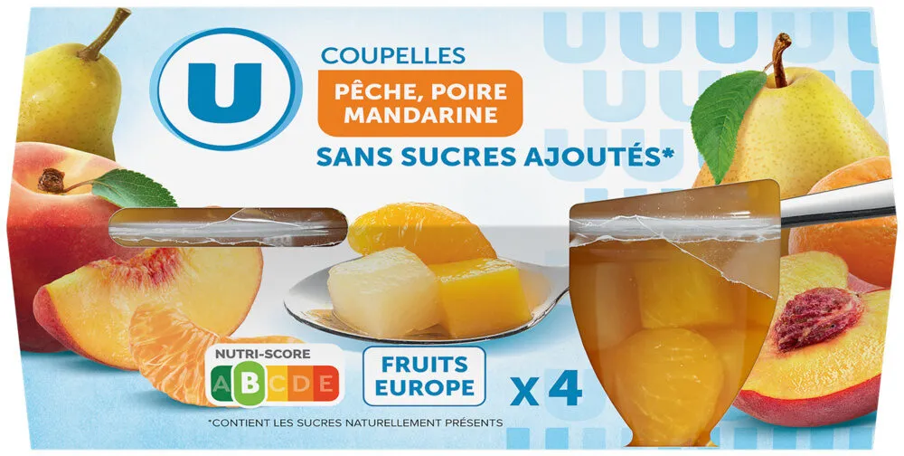 Coupelles pêche,poire et mandarine sans sucre ajoutés x4, 260g
