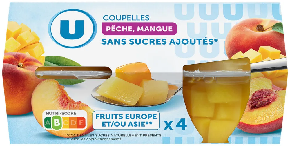 Coupelles pêche et mangue sans sucre ajoutés x4, 260g