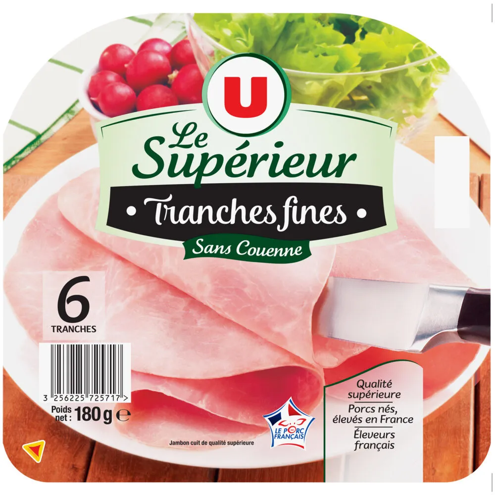 Jambon cuit supérieur sans couenne 6 tranches fines, 180g