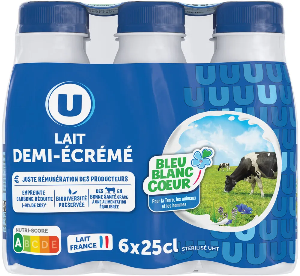 Lait UHT demi-écrémé Bleu Blanc Coeur - 6 bouteilles de 25cl