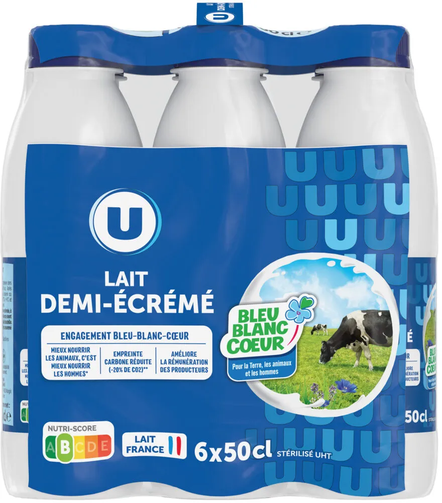 Lait UHT demi-écrémé Bleu Blanc Coeur - 6 bouteilles de 50cl