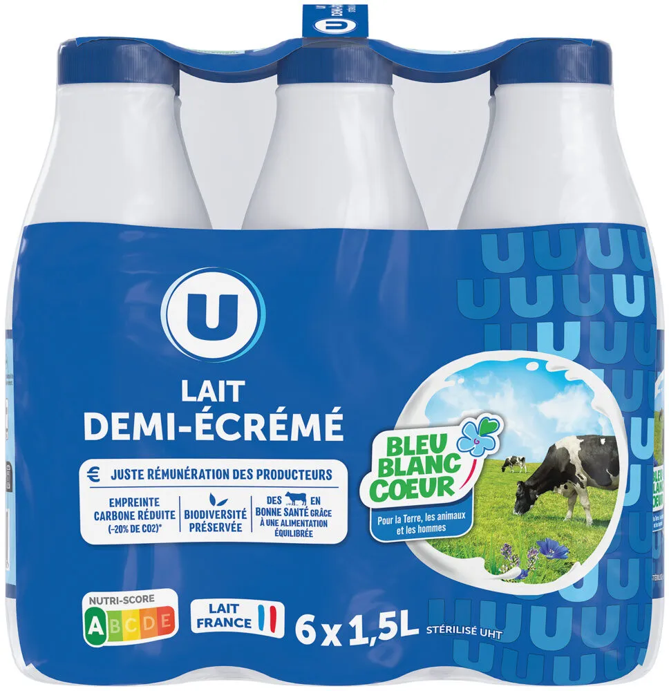 Lait UHT demi-écrémé Bleu blanc coeur - 6 bouteilles de 1,5L