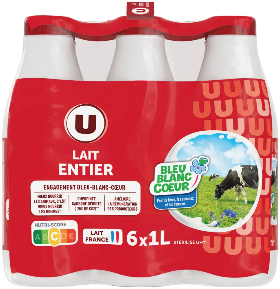 Lait UHT entier Bleu Blanc Coeur - 6 bouteilles de 1L