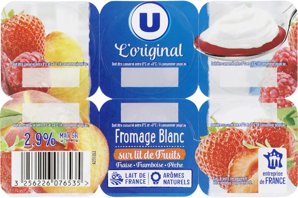 Fromage blanc frais sur lit de fruits, fraise/framboise/pêche, 6x60g