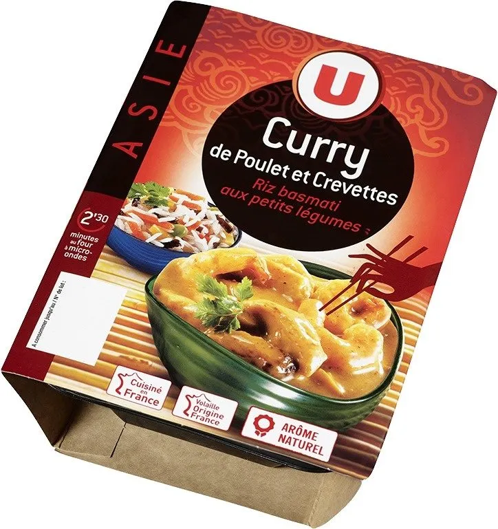 Curry de poulet, crevettes et riz,
