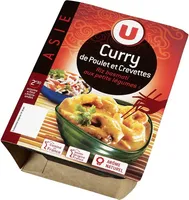 Curry de poulet, crevettes et riz,
