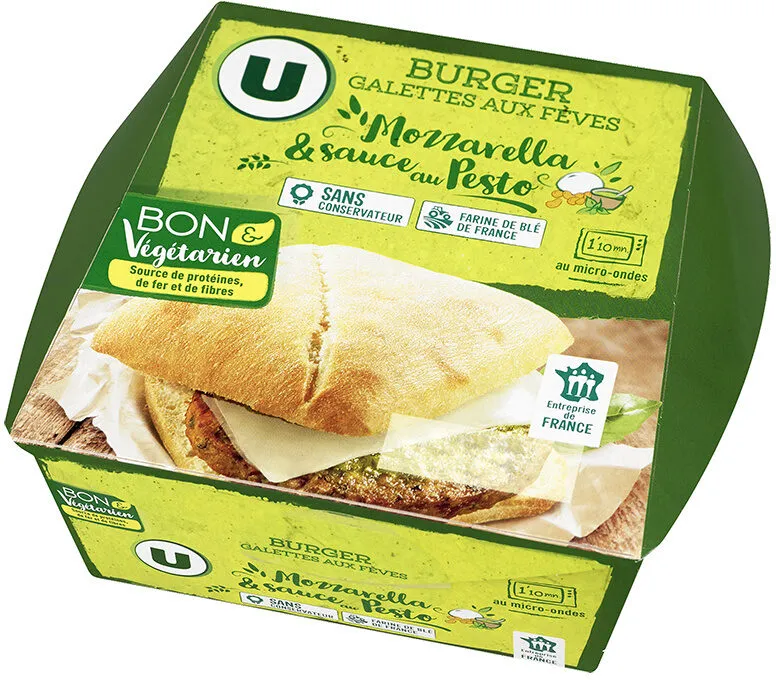Burger, galette aux fèves, mozzarella, sauce au pesto,