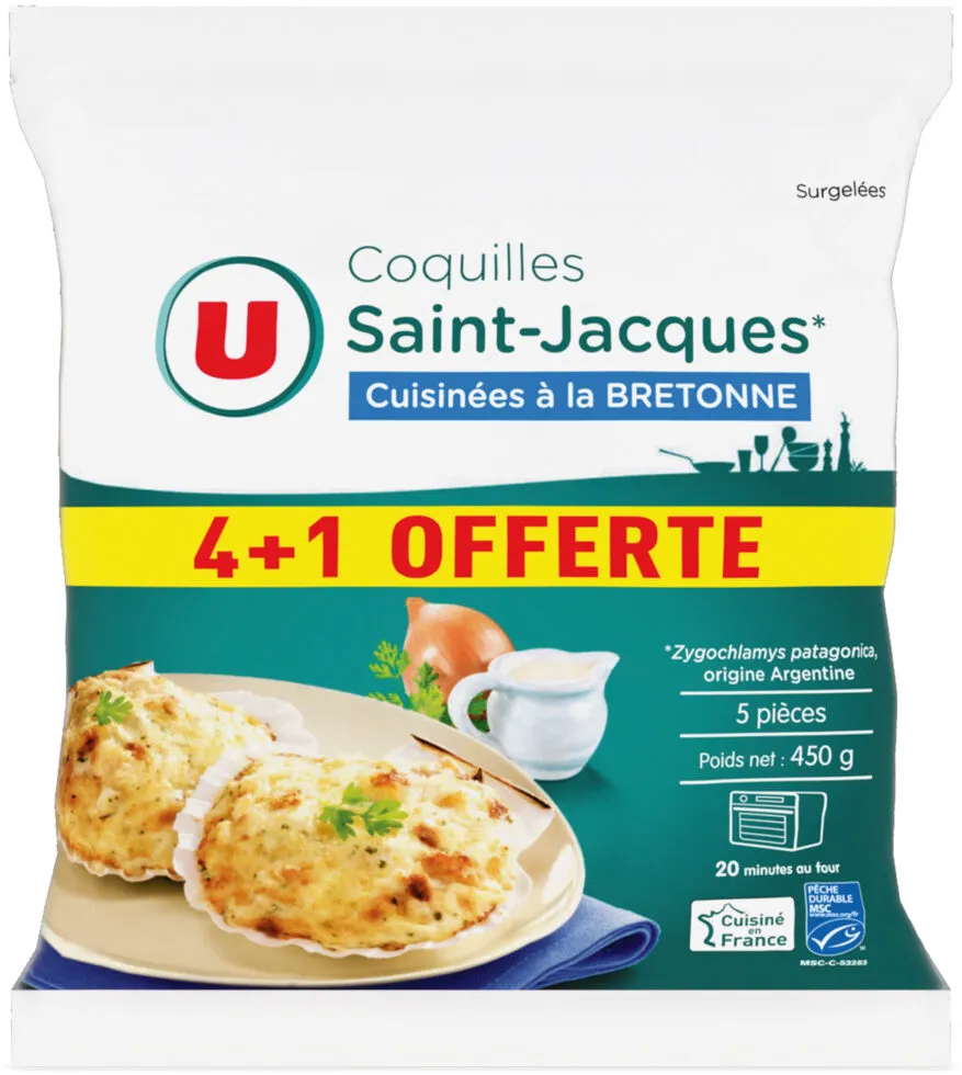 Coquilles St Jacque MSC 30% de noix cuisiné à la bretonne, x4 + 1 offert, 450g