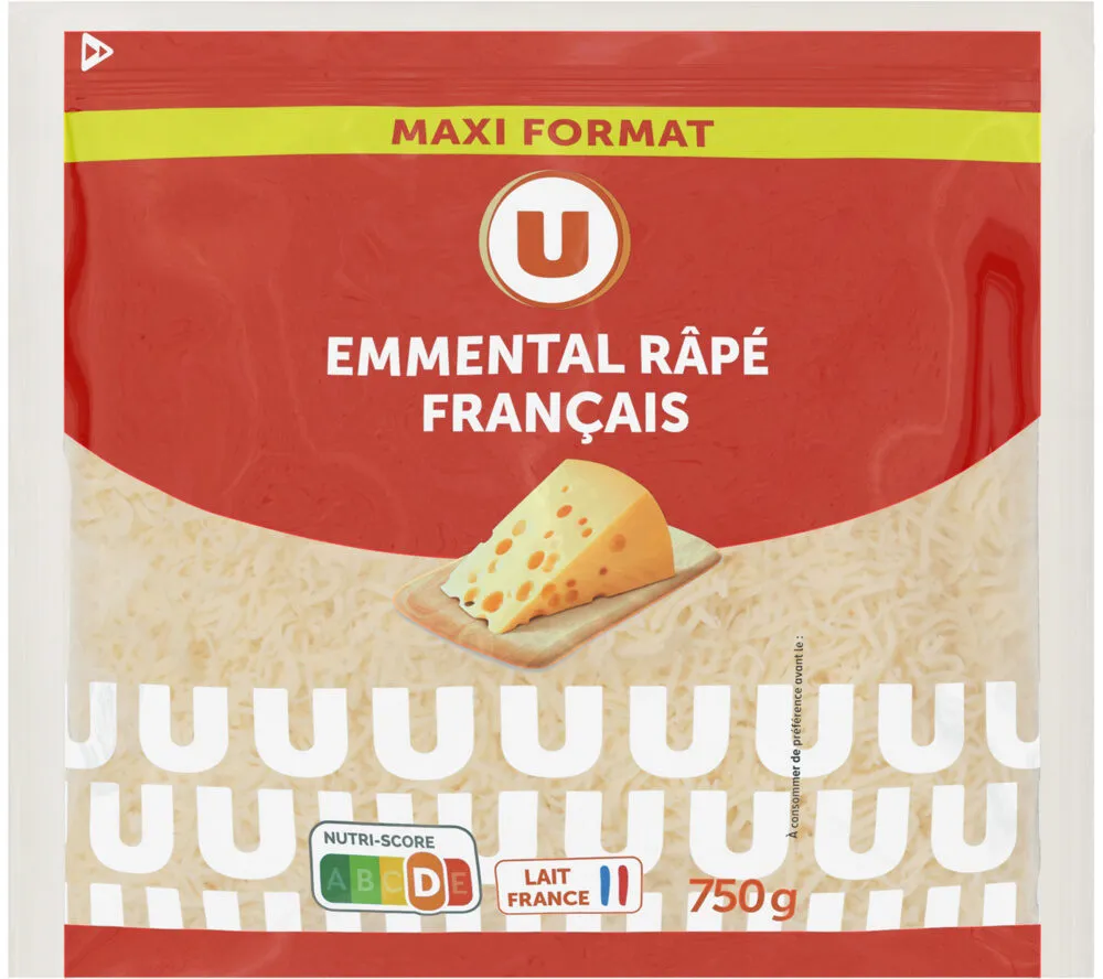 Fromage au lait pasteurisé Emmental français râpé 29% de MG, 750g