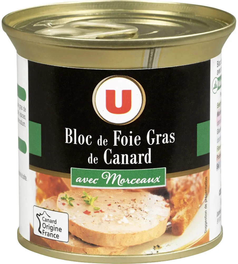Bloc de foie gras de canard avec 30% morceaux, boîte 200g