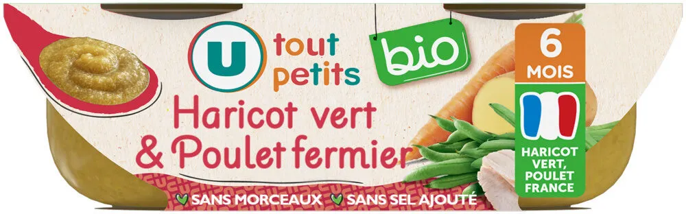 Plat bébé du midi Haricots verts poulet, de 6 à 12 mois - 2x200g - Repas bébé