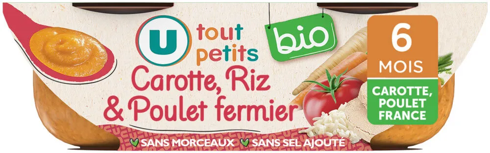 Plat bébé du midi Carotte, riz & poulet fermier, de6 à 12 mois - 2x200g - Repas bébé