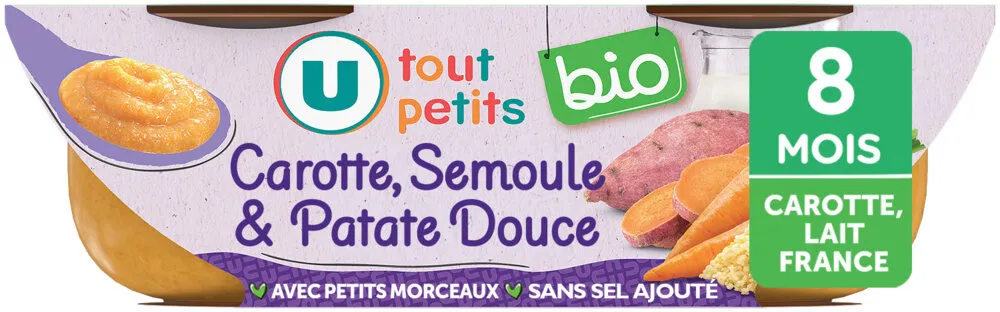 Plat bébé du soir Patate douce carotte et semoule, dès 8 mois - 2x200g- Repas bébé