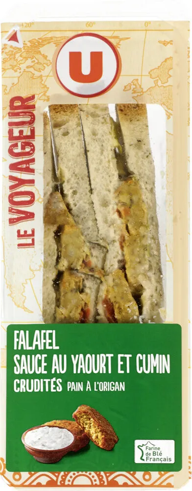 Sandwich au pain de mie spécial à l'origan garni d'un burger de falafel, d'une sauce au yaourt et de crudités