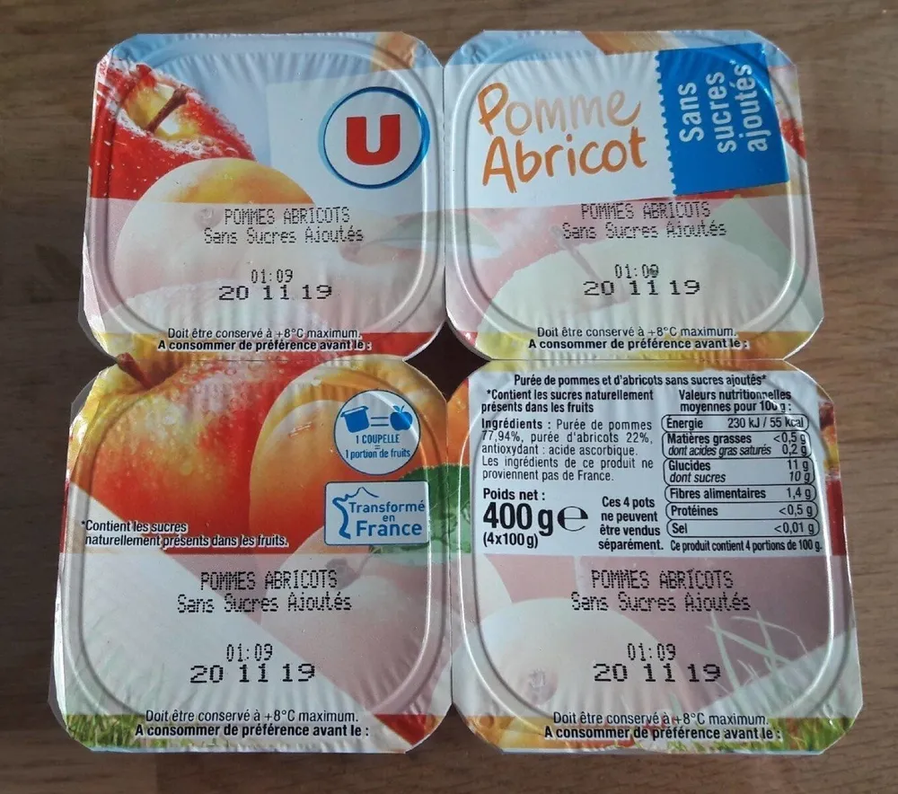 Dessert fruitier Purée pommes abricot sans sucres ajoutés coupelles 4x100g