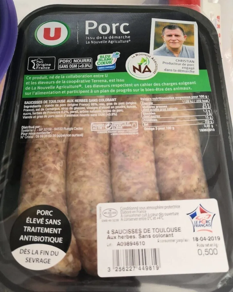 Saucisse de Toulouse aux herbes, Nouvelle Agriculture, 4 pièces, 500g