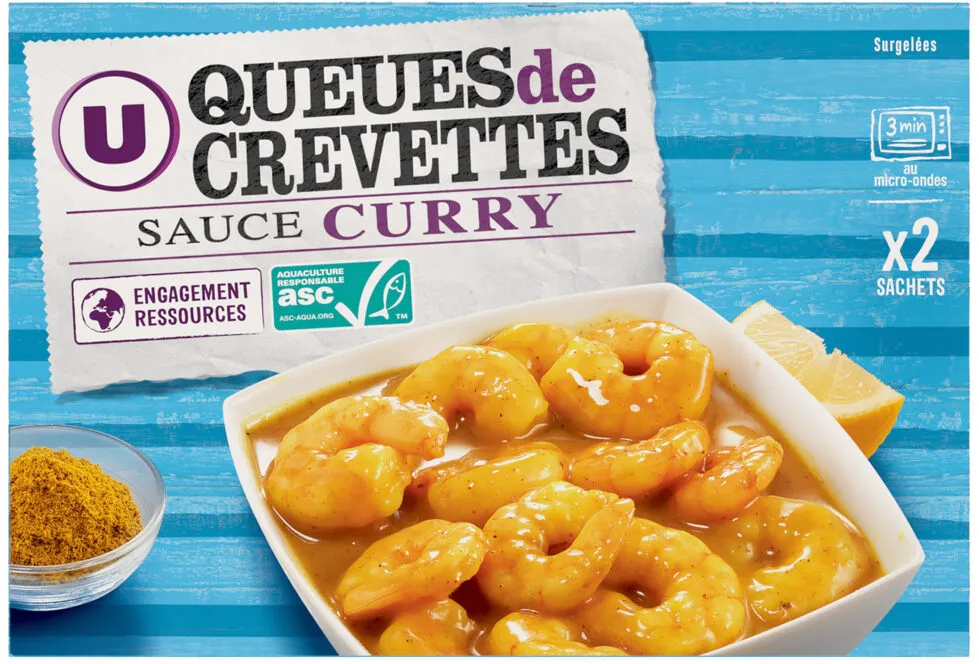 Queues de crevettes ASC décortiquées deveinées avec sauce curry surgelées