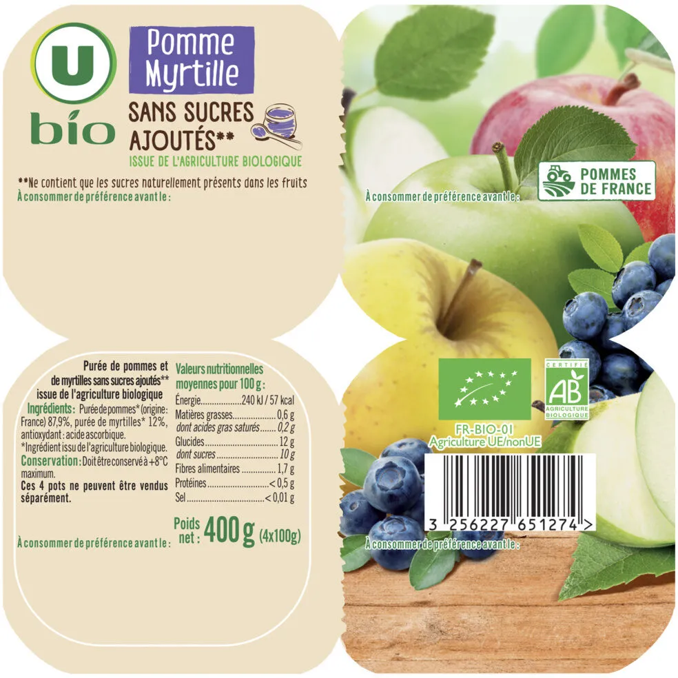Purée pommes myrtilles sans sucres ajouté coupelle 4x100g