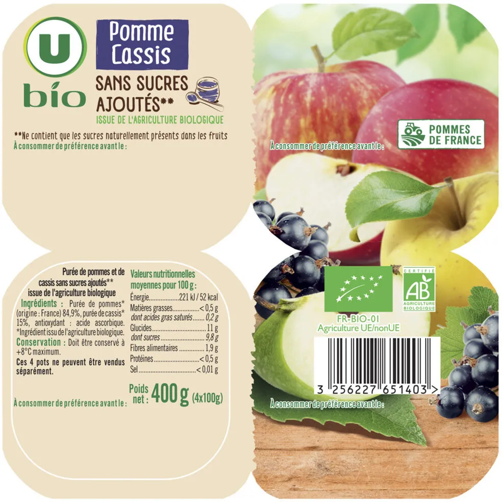 Purée pommes cassis sans sucres ajouté. coupelle 4x100g