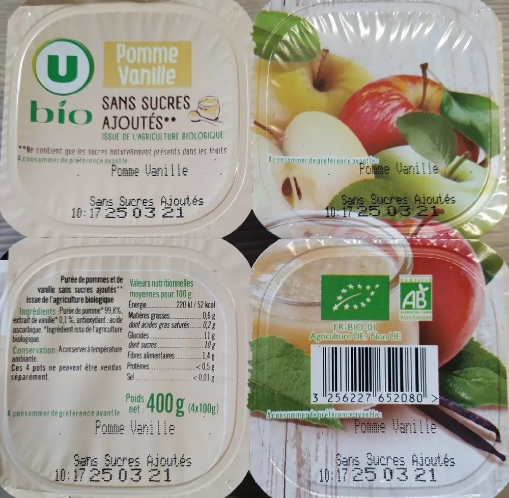 Purée de pomme vanille sans sucre ajouté 4x100g