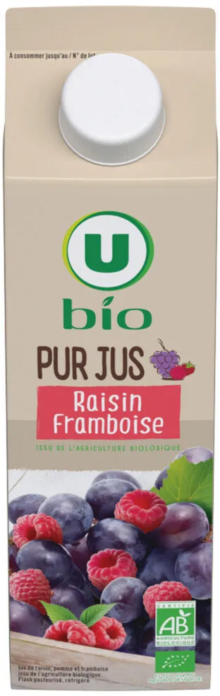 Pur jus de raisin framboise issu de l'agriculture biologique flash pasteurisé réfrigéré Bio