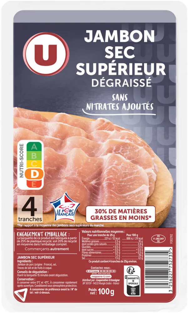 Jambon sec supérieur dégraissé - x4 tranches, 110g