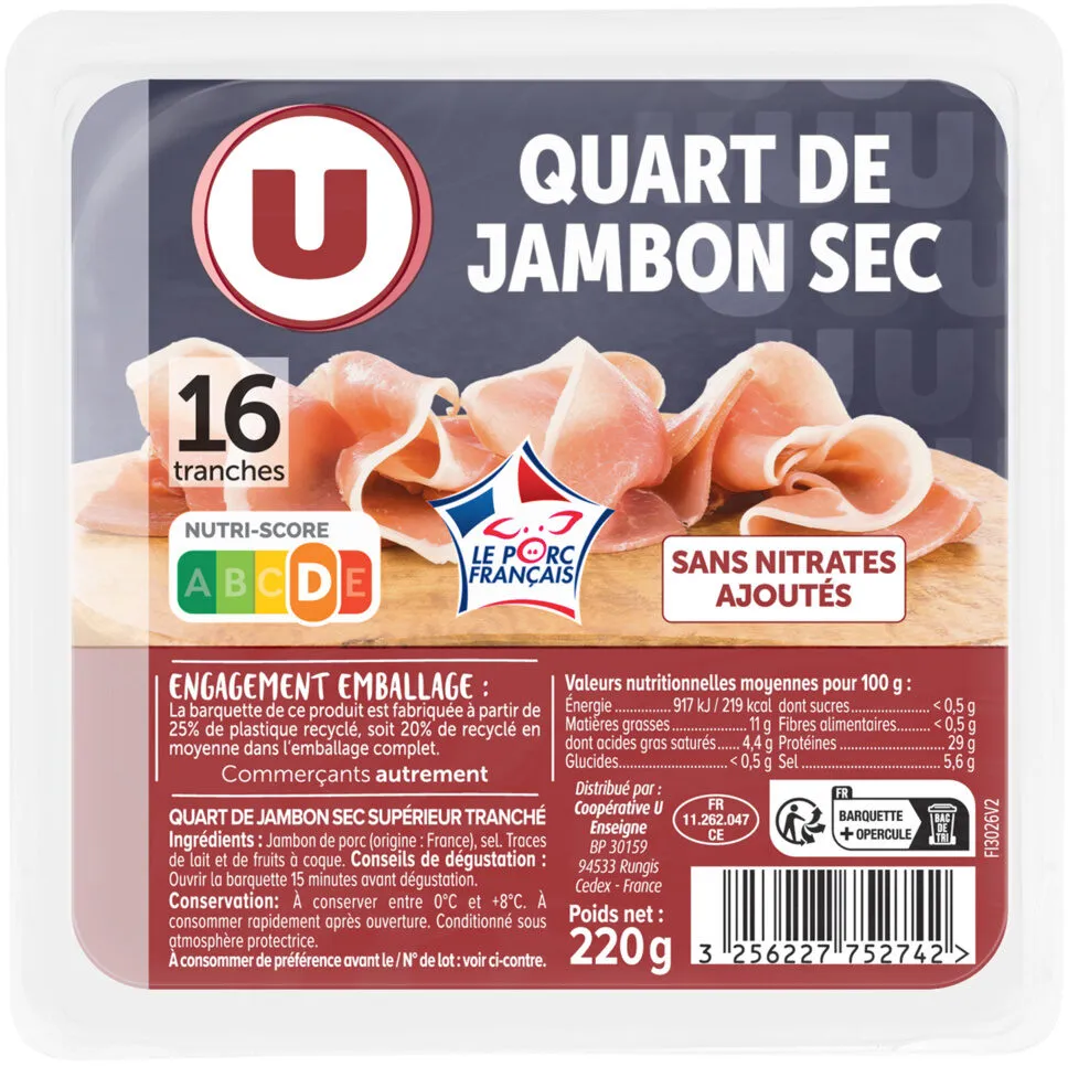 Quart de Jambon sec - x16 tranches, 220g