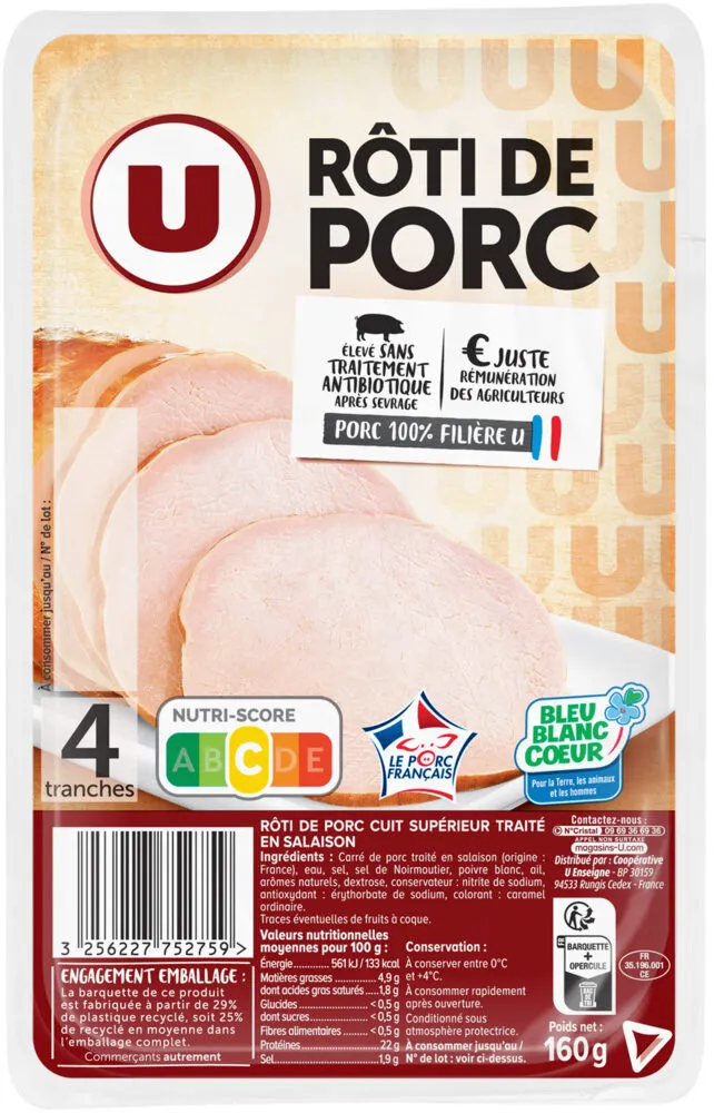 Roti de porc nature Bleu Blanc Coeur - x4 Tranches 160g